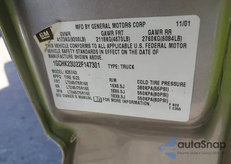 2002 Chevrolet Silverado 2500Hd Ls из США, поврежденный, VIN 1GCHK23U22F147301